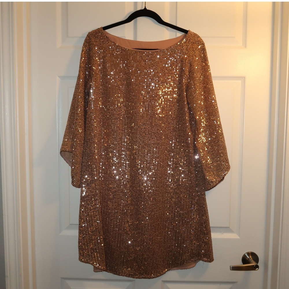 Anthropologie Sequin Shift Dress Rose Gold Small Sparkle Holiday Party Glam NYE